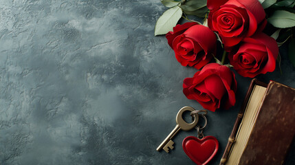 AI Love and Valentines day concept. Lovely red roses , dating accessories, hearts, book ,lock and keys on gray desk background, banner, top view. Layout for greeting card, anniversary and invitations.
