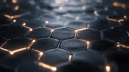 Obraz premium Technological hexagonal network with dynamic light pulses moving along the grid lines, over a dark background