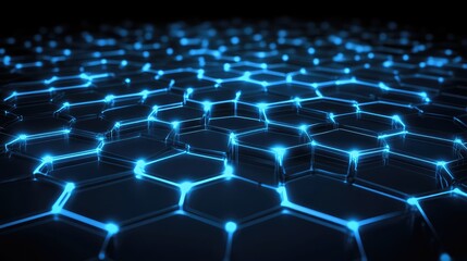 Obraz premium Technological hexagonal network with dynamic light pulses moving along the grid lines, over a dark background