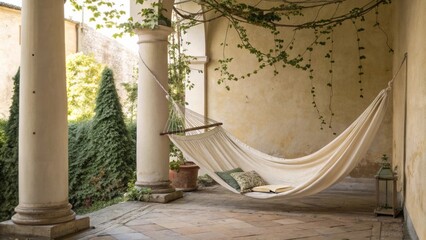 This charming nook features a spacious hammocklike swing draped with lightweight fabric suspended between sy pillars. It sways gently offering a cozy platform for immersing oneself