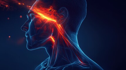 Obraz premium Abstract Anatomy of a Head with Burning Neural Pathways, 3D Rendering of Human Anatomy, Sci-Fi Medical Illustration, Neural Network Concept