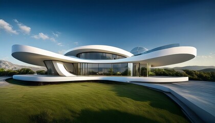 Ultra modern residential architecture with futuristic accents; futuristic home design with large windows and linear lines and shapes; home architecture and design; home photography; future and modern