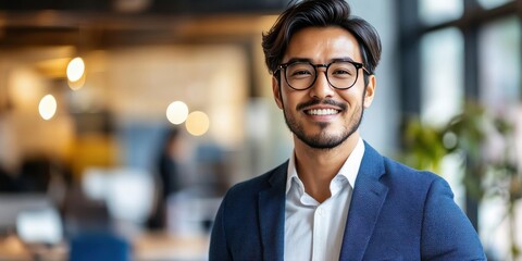 Fototapeta premium Confident Young Professional Smiling in Modern Office Environment