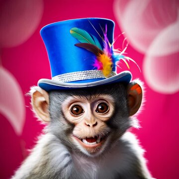 Playful monkey in blue top hat against pink background. Creativity, fun, and curiosity concept
