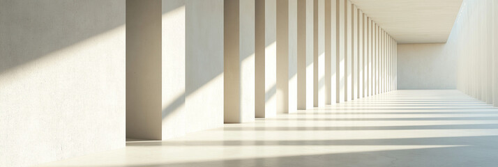 Naklejka premium A minimalist corridor with sunlight streaming in, casting long geometric shadows, creating a serene atmosphere emphasizing structure and light interplay.