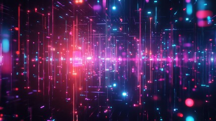 Transparent molecular grid with digital lines and neon nodes, suspended in dark space