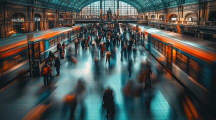 Motion Blur Photography of Commuters at a Grand Train Station Platform - Urban Transportation and Travel