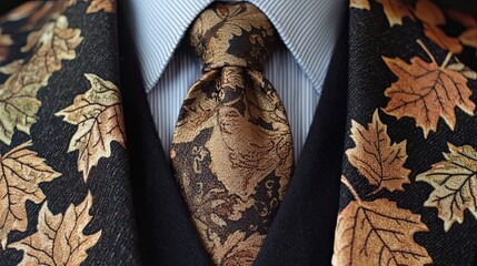 Close-up of a man's suit jacket and tie with a leaf pattern