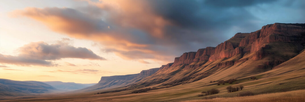 A majestic mountain landscape bathed in the golden hues of a dramatic sunrise, with clouds casting dynamic shadows across the rugged terrain and vast sky.