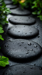 Dark grey stones with water droplets, surrounded by green leaves.