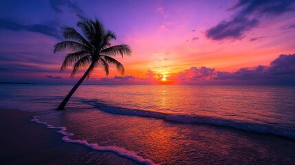 Vibrant Tropical Sunset Palm Tree Silhouette on Pink and Purple Ocean Beach
