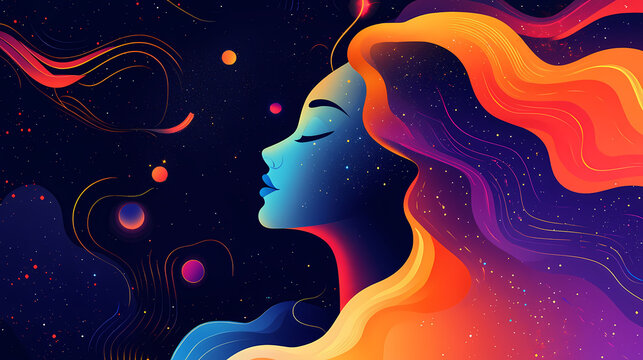 Woman's profile with cosmic elements and vibrant colors, capturing imagination and dreams in a surreal, abstract illustration with dynamic, fluid design elements. Abstract Fluid Dreams. Illustration