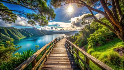 Fototapeta premium Serene Lakeside Walkway A Wooden Path Winding Through Lush Greenery Towards a Picturesque, Sun-Drenched Vista
