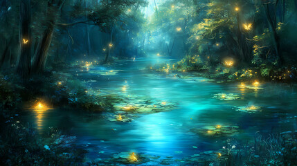 Mystical lagoon: hidden waterways, ethereal lighting, fantastical creatures, enchanting, ethereal, blue, green, luminescent. Hidden Lagoon Sanctuary. Illustration