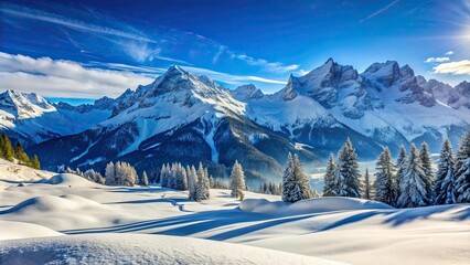 Fototapeta premium Winter mountains covered under snow against a blue sky background in Switzerland during winter time, Switzerland, winter