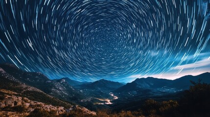 Fototapeta premium Mesmerizing Star Trails Over Majestic Mountains at Night Long Exposure Astrophotography