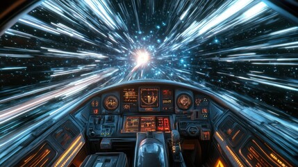 Futuristic Spaceship Cockpit Hyperspace Jump 3D Render of High-Speed Space Travel Interior