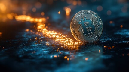 Futuristic Bitcoin Cryptocurrency Coin on Dark Background with Glowing Binary Code - Digital Currency, Blockchain Technology Stock Photo