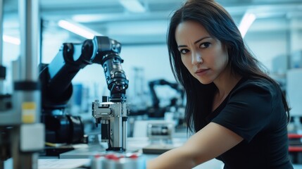 Fototapeta premium Female Engineer Working with Robotic Arm in a High-Tech Laboratory