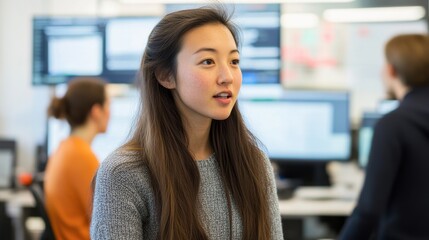 Obraz premium Young Woman Engaged in Conversation in Modern Office Environment