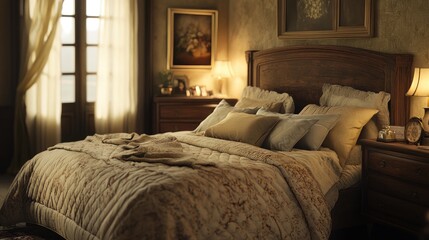 Warmly Lit Rustic Bedroom With Wooden Bed