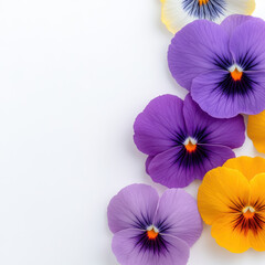 Colorful pansy flowers arranged beautifully, showcasing vibrant hues of purple, yellow, and white. Their delicate petals and striking patterns create cheerful and lively atmosphere