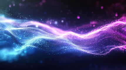 Vivid pulse waves in neon purple and blue, flowing like data lines across a gradient dark surface