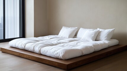 White bedding on a wooden platform bed in a minimalist room