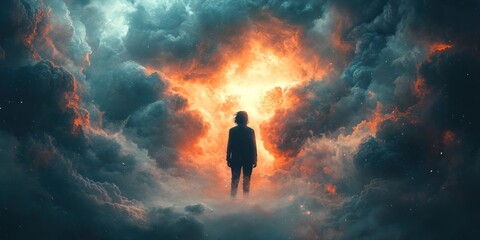 Obraz premium Solitary figure amidst fiery, dark clouds; surreal, dramatic scene.