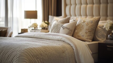 Luxurious Beige Bedroom Decor Featuring Embroidered Pillows