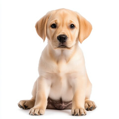 golden Labrador puppy sitting attentively on white background, showcasing its playful and curious nature. This adorable pup is perfect for pet lovers