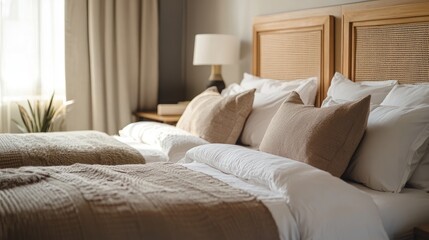 Modern Bedroom Featuring Neutral Tones and Wooden Headboard
