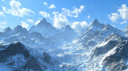 Stunning Panoramic View of Snow-Covered Mountain Peaks under a Clear Blue Sky - Breathtaking Winter Landscape Photography