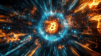 Futuristic Bitcoin Cryptocurrency Network Abstract Digital Currency Background with Glowing Bitcoin Symbol in a Cybernetic Vortex.