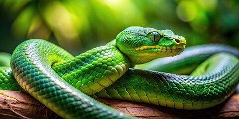 Slithering green snake in natural habitat, reptile, scales, wildlife, serpent, camouflage, exotic, nature, poisonous, tropical