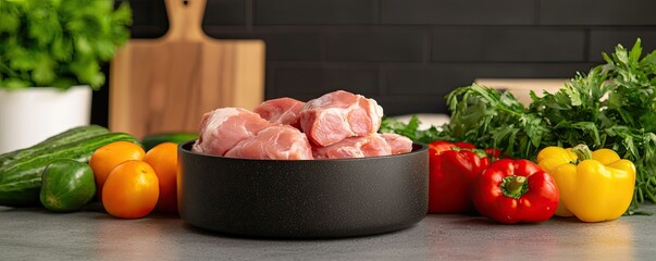 A bowl of fresh meat surrounded by vibrant vegetables, including peppers, cucumbers, and herbs, set against a dark background in a modern kitchen.