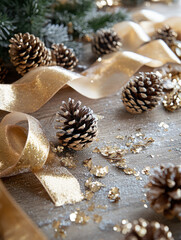 Festive Christmas wreath decorations frame Frosted Pinecones and Golden Ribbons Creating a Festive Atmosphere with Scattered Decorations for Holiday Season Celebration