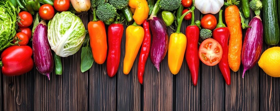 A vibrant assortment of fresh vegetables displayed on a wooden surface, showcasing a variety of colors and types, promoting healthy eating.