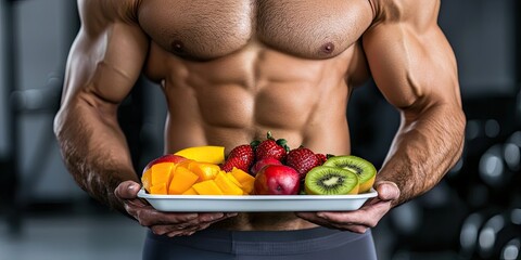 A muscular man holds a plate of fresh fruits, showcasing a healthy lifestyle and fitness focus in a gym environment.