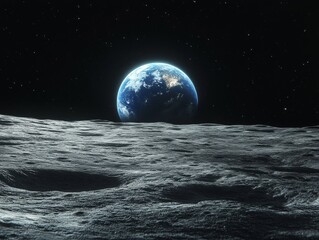 Stunning 3D Render of Earth Rising Above the Lunar Surface A Breathtaking Space Scene