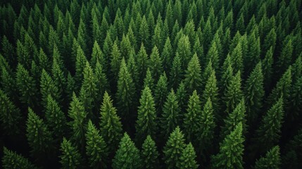 Aerial view of dense evergreen forest, showcasing symmetry and lush greenery.