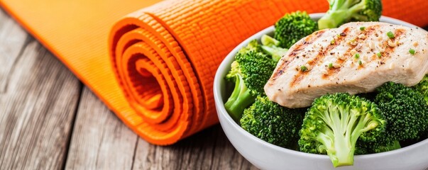 A vibrant orange yoga mat next to a bowl of grilled chicken and fresh broccoli, highlighting a healthy lifestyle and nutritious eating.
