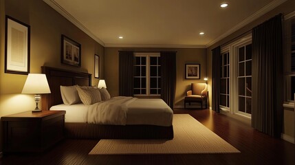Fototapeta premium Serene Nighttime Bedroom Interior Design With Warm Lighting