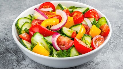 A vibrant bowl of fresh salad featuring tomatoes, cucumbers, onions, and bell peppers, perfect for a healthy meal.