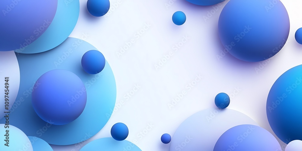 Poster abstract design featuring various blue spheres on a light background.