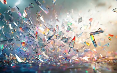 Iridescent Shattered Glass Explosion Abstract Background of Sparkling, Colorful Crystal Fragments