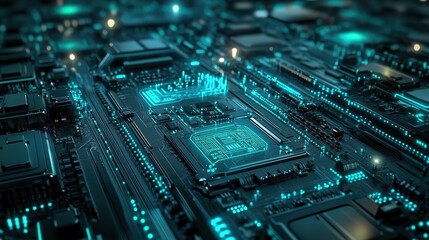 Fototapeta premium Close-up of Futuristic Circuit Board with Glowing Teal Traces - High-Tech Abstract Technology Background
