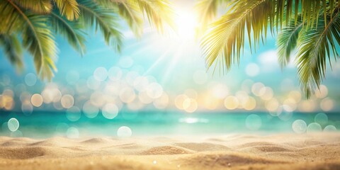 Obraz premium Serene Beach Scene Golden Sand, Azure Water, and Lush Palm Fronds Under a Summer Sun