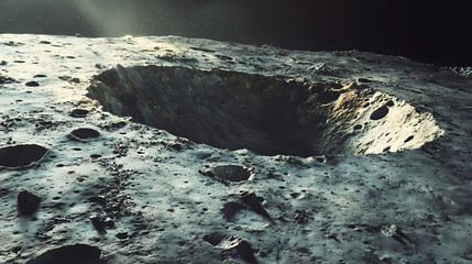 Close exploration textured surface moon capturing intricate geological details features, lunar, craters, rocks, terrain, landscape, geology, pebbles, light. Vast Lunar Plains. Illustration