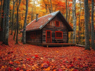 Rustic Log Cabin in Vibrant Autumn Forest Scenic Fall Foliage and Cozy Woodland Retreat.